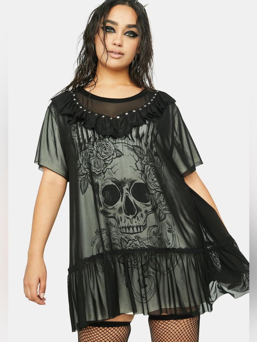 Current Mood Babydoll Dress Black Skull & Rose Mesh Ruffle Studded